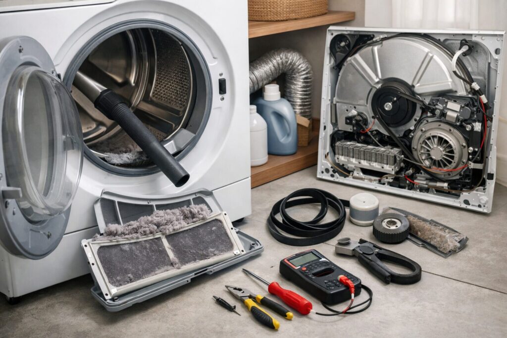 Technician inspecting and cleaning a dryer vent in a modern laundry room to ensure proper maintenance and longevity