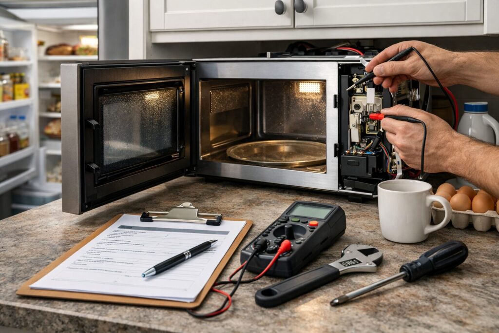 Technician inspecting a microwave inside a modern kitchen, focusing on repair and maintenance service context
