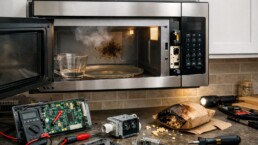 Technician inspecting microwave oven inside modern kitchen with repair tools on countertop nearby
