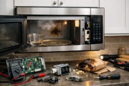 Technician inspecting microwave oven inside modern kitchen with repair tools on countertop nearby