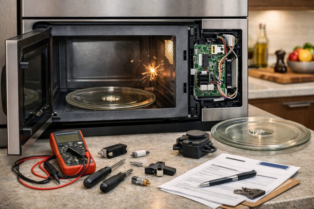 Modern kitchen with a microwave on the counter showing a technician's toolkit nearby, suggesting repair and maintenance