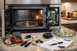 Modern kitchen with a microwave on the counter showing a technician's toolkit nearby, suggesting repair and maintenance
