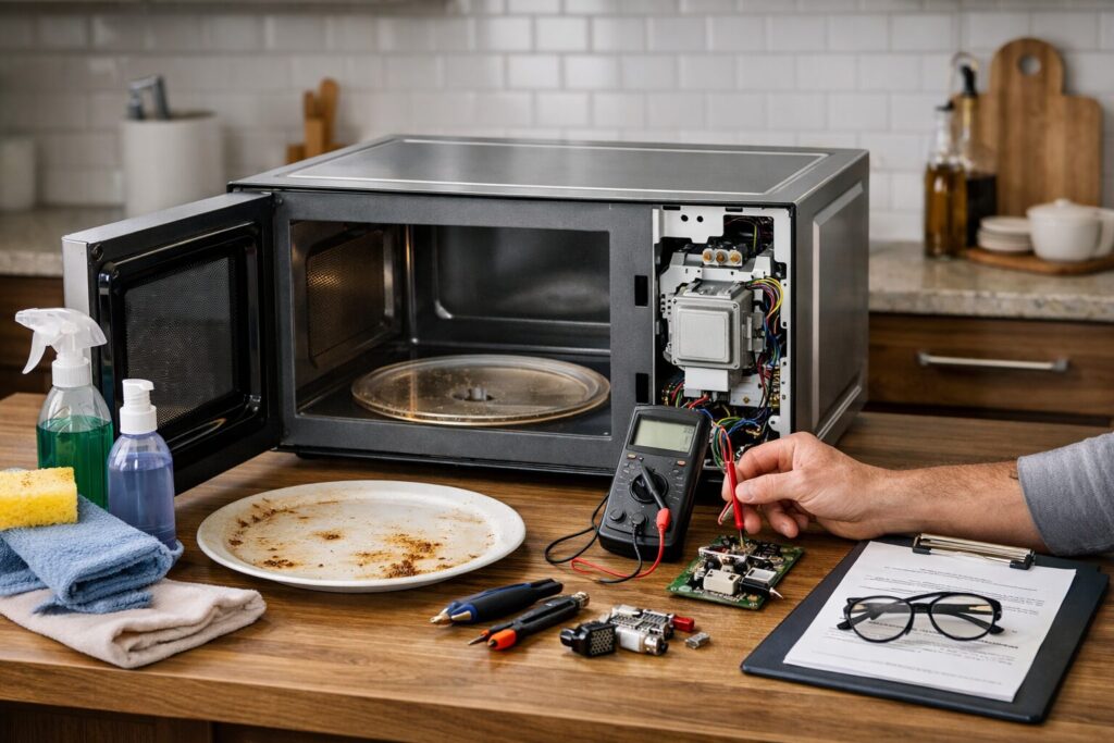 technician inspecting microwave oven in modern kitchen setting with repair tools on countertop nearby