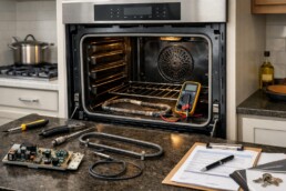 Technician inspecting oven heating element in a modern kitchen during a repair service call