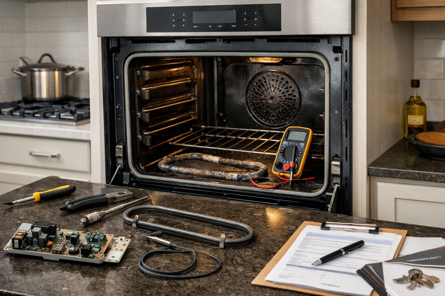 Technician inspecting oven heating element in a modern kitchen during a repair service call