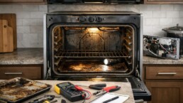 Technician inspecting oven interior with tools in a modern kitchen, highlighting common repair and maintenance issues after