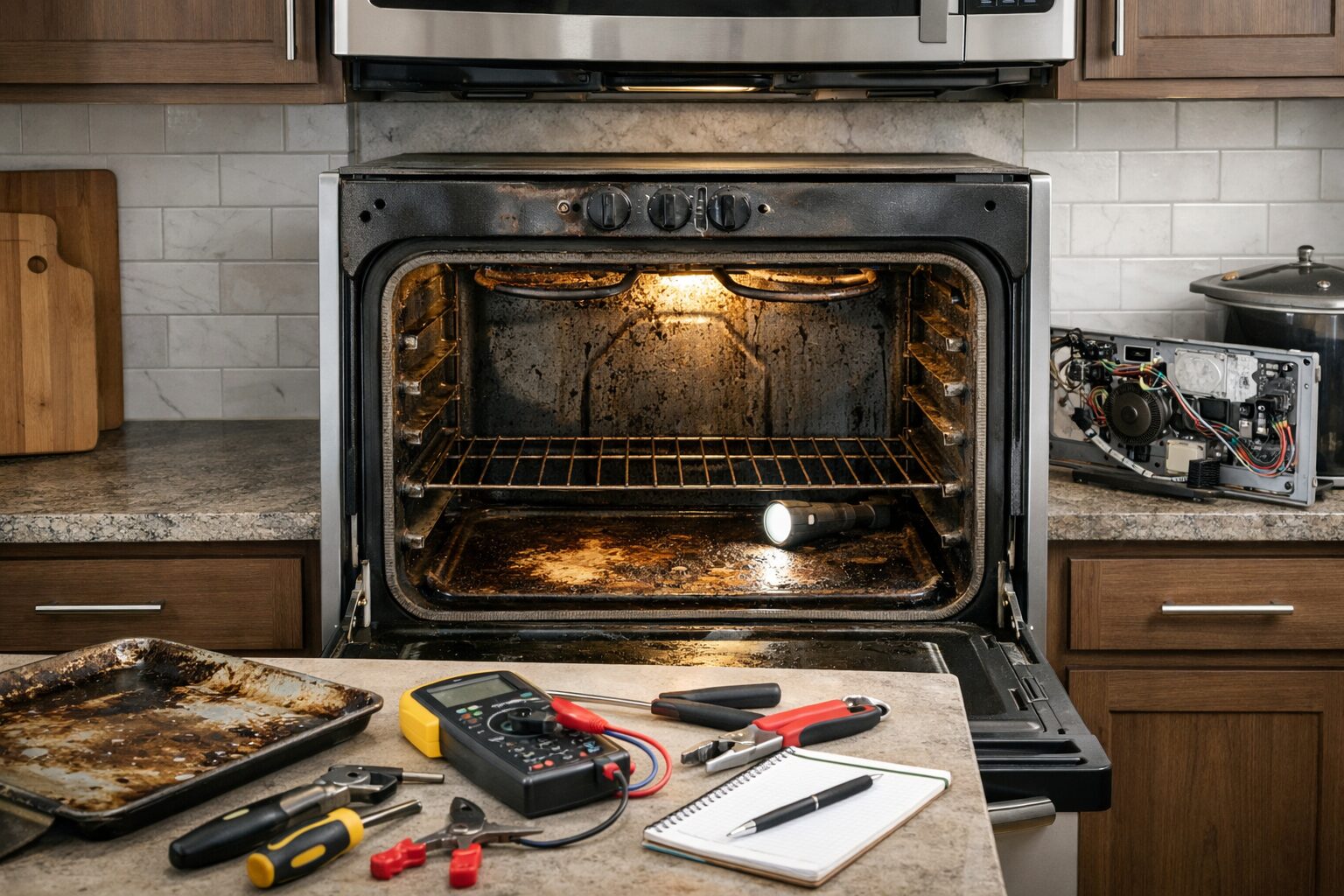 Technician inspecting oven interior with tools in a modern kitchen, highlighting common repair and maintenance issues after