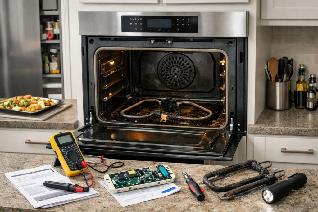 Technician inspecting oven control panel with tools in a modern kitchen repair setting without people visible