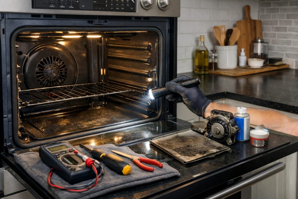 Technician inspecting and maintaining a modern built-in oven in a clean, contemporary kitchen setting