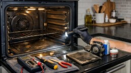 Technician inspecting and maintaining a modern built-in oven in a clean, contemporary kitchen setting