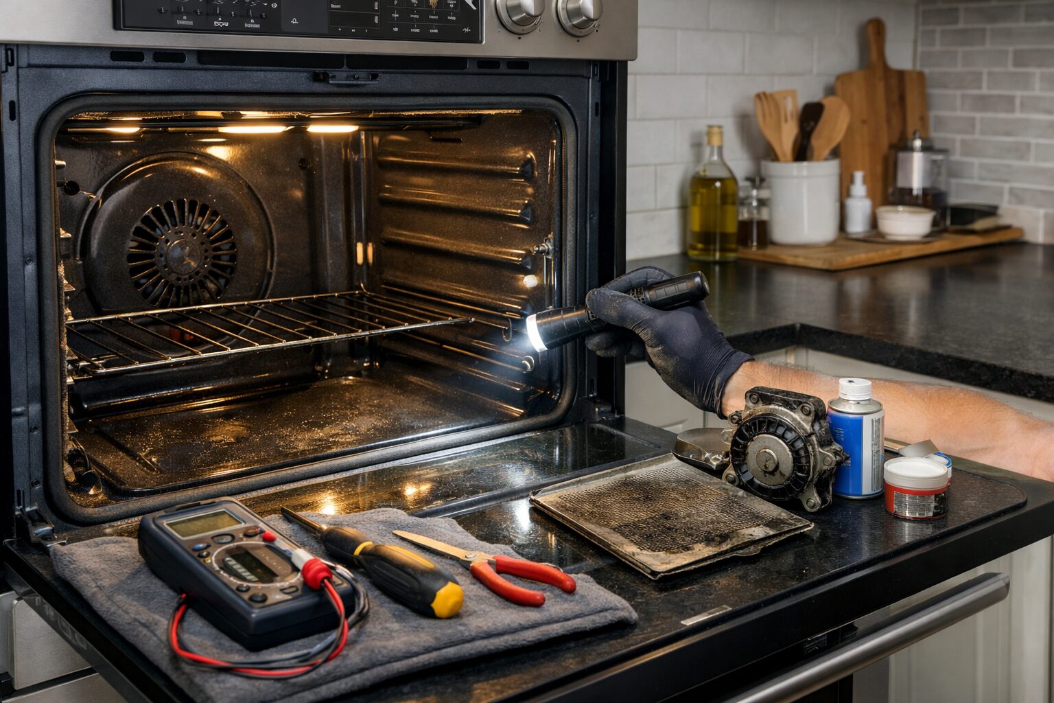 Technician inspecting and maintaining a modern built-in oven in a clean, contemporary kitchen setting