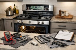 Technician inspecting and repairing a modern residential range in a clean, well-lit kitchen environment