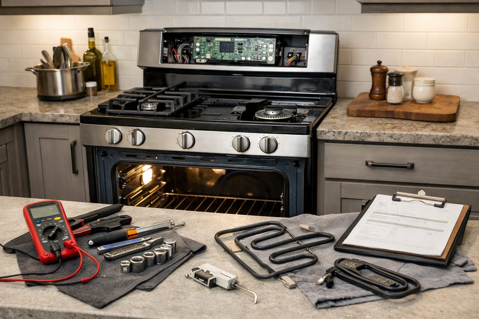 Technician inspecting and repairing a modern residential range in a clean, well-lit kitchen environment