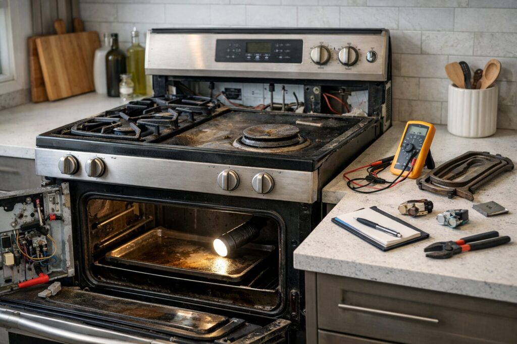 Technician inspecting a modern kitchen range with tools in a well-lit contemporary home environment