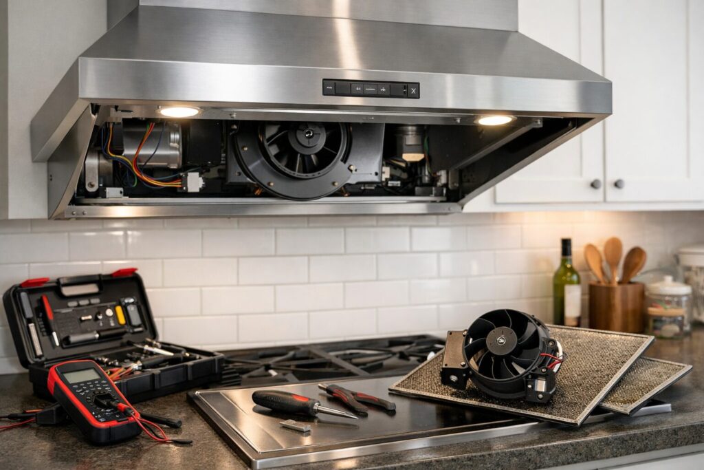 modern kitchen range hood with visible fan motor components during professional repair service call
