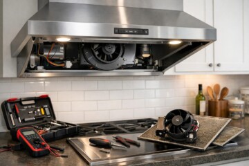 modern kitchen range hood with visible fan motor components during professional repair service call