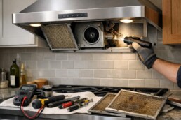 modern kitchen range hood with visible grease buildup and repair tools nearby indicating maintenance or troubleshooting