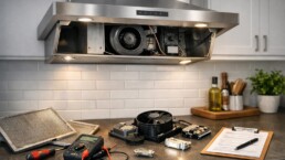 modern kitchen range hood with visible fan and control panel showing signs of wear and repair tools nearby