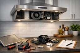 modern kitchen range hood with visible fan and control panel showing signs of wear and repair tools nearby
