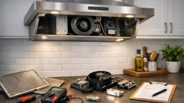 modern kitchen range hood with visible fan and control panel showing signs of wear and repair tools nearby