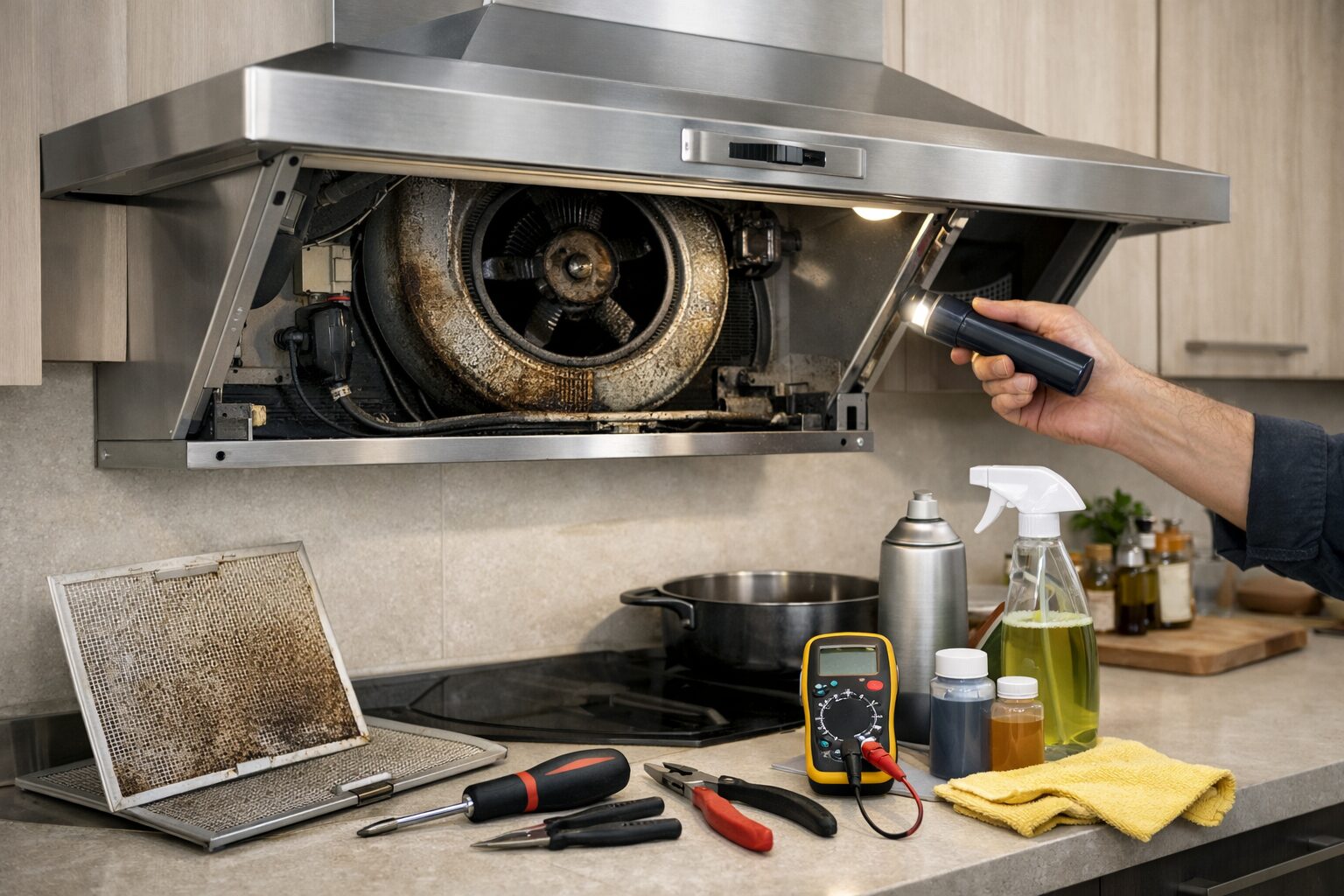 modern kitchen range hood with visible fan and filter being cleaned for maintenance and longevity