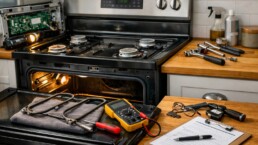 Modern kitchen range with a technician performing maintenance using tools to inspect burners and control panel components
