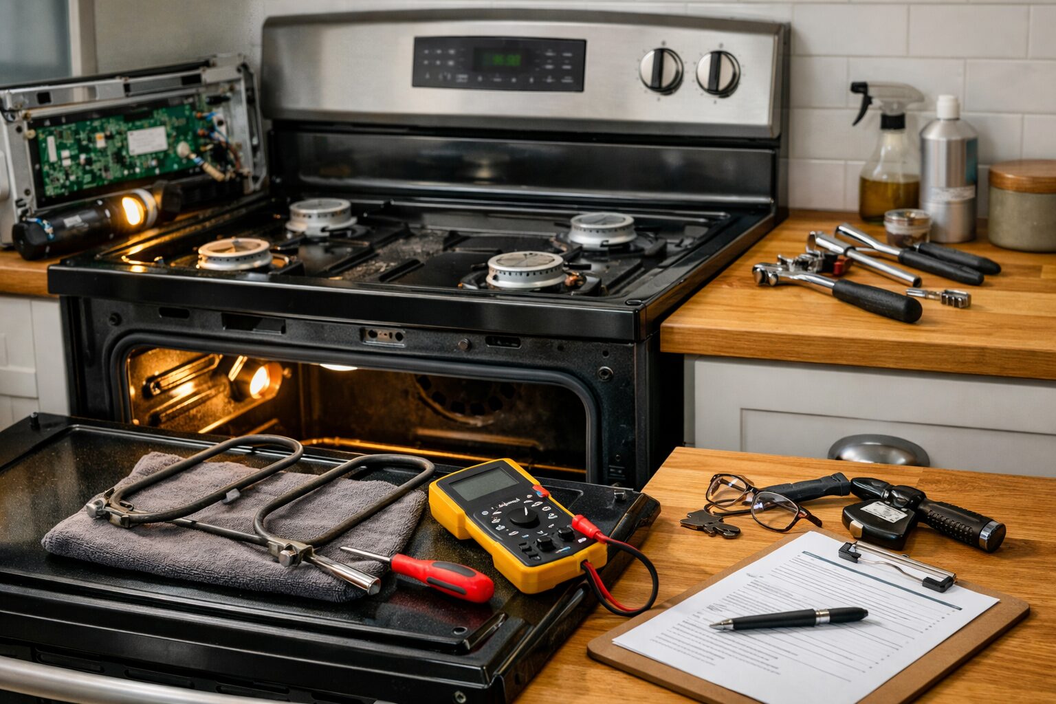 Modern kitchen range with a technician performing maintenance using tools to inspect burners and control panel components
