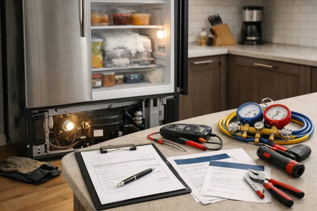 Technician inspecting refrigerator compressor in modern kitchen during repair service call