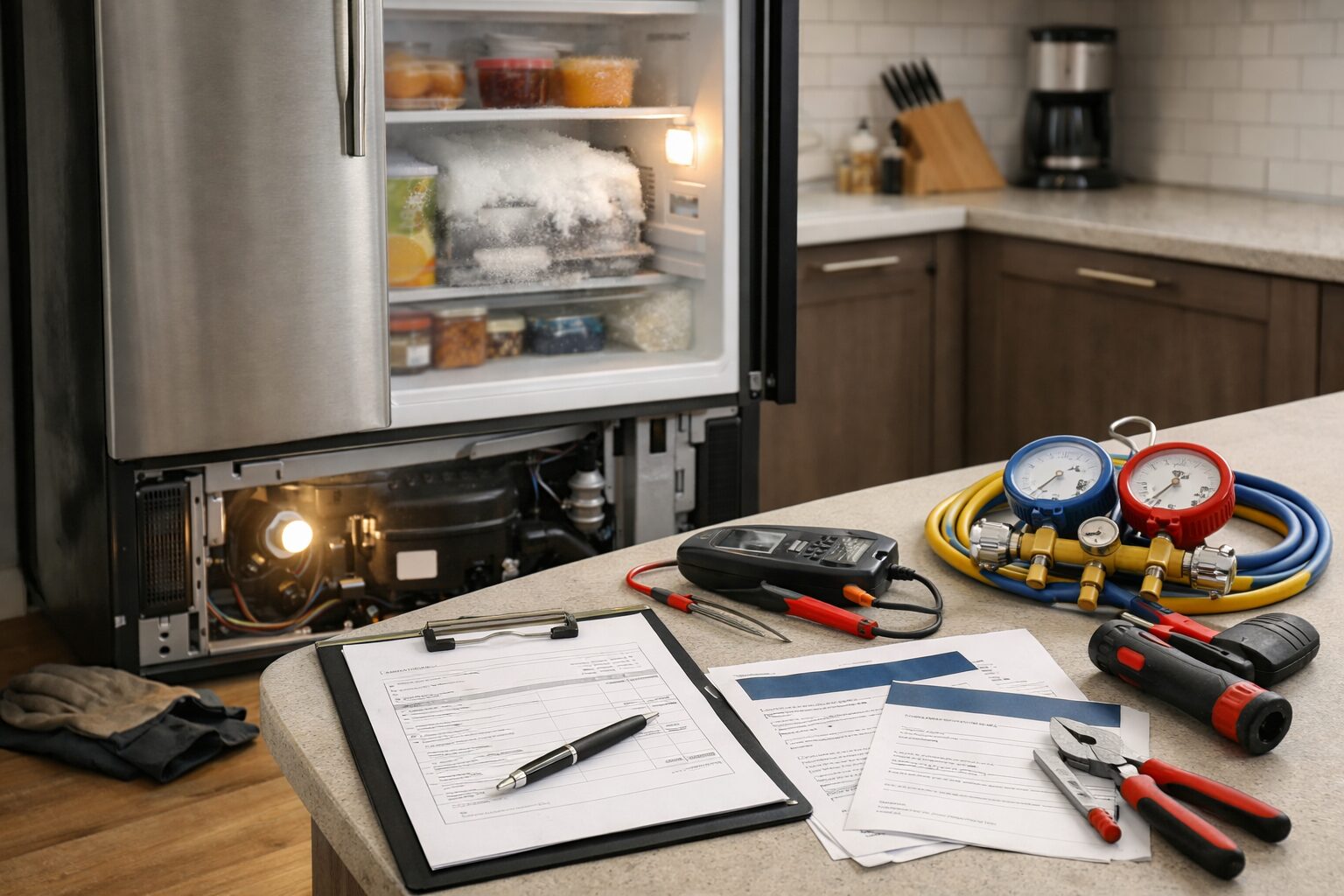 Technician inspecting refrigerator compressor in modern kitchen during repair service call