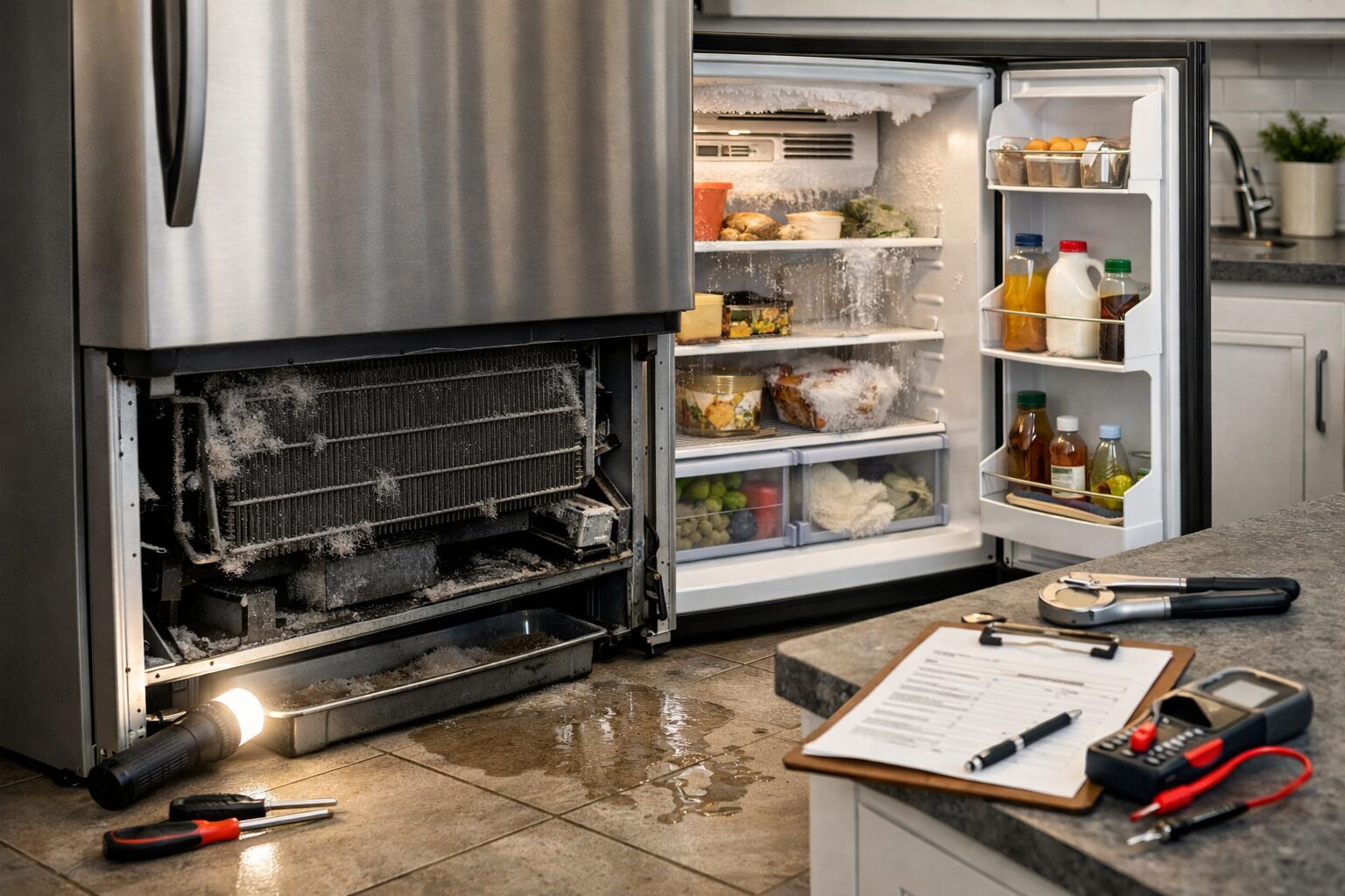 Technician inspecting a modern refrigerator in a clean kitchen, diagnosing common appliance problems after years of use