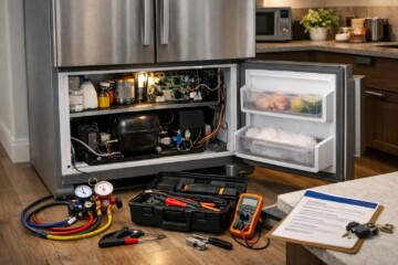 Technician inspecting refrigerator compressor in modern kitchen with repair tools nearby and visible food inside fridge