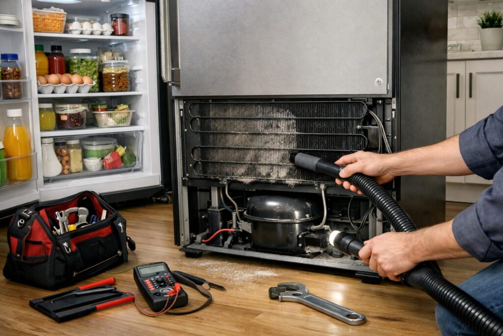 Technician inspecting refrigerator condenser coils in a modern kitchen to perform routine maintenance and repairs