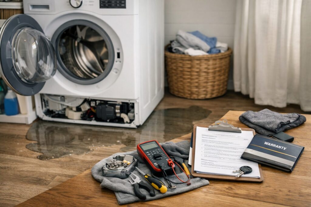 Technician inspecting washing machine in modern laundry room with repair tools and service manual nearby