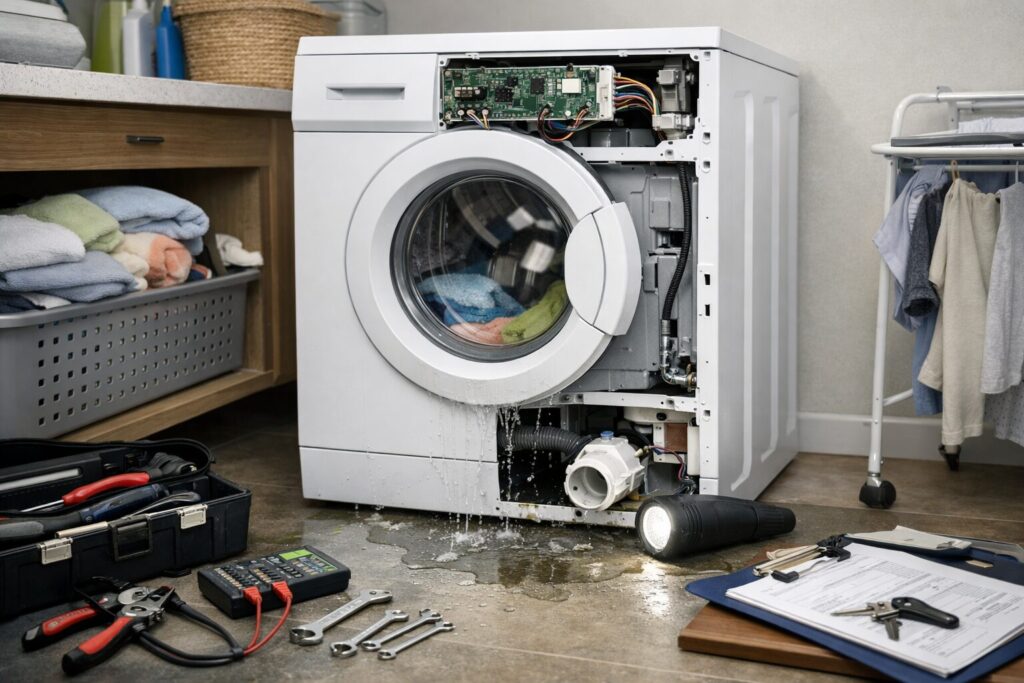 washing machine in modern laundry room with visible control panel and repair tools nearby indicating maintenance or