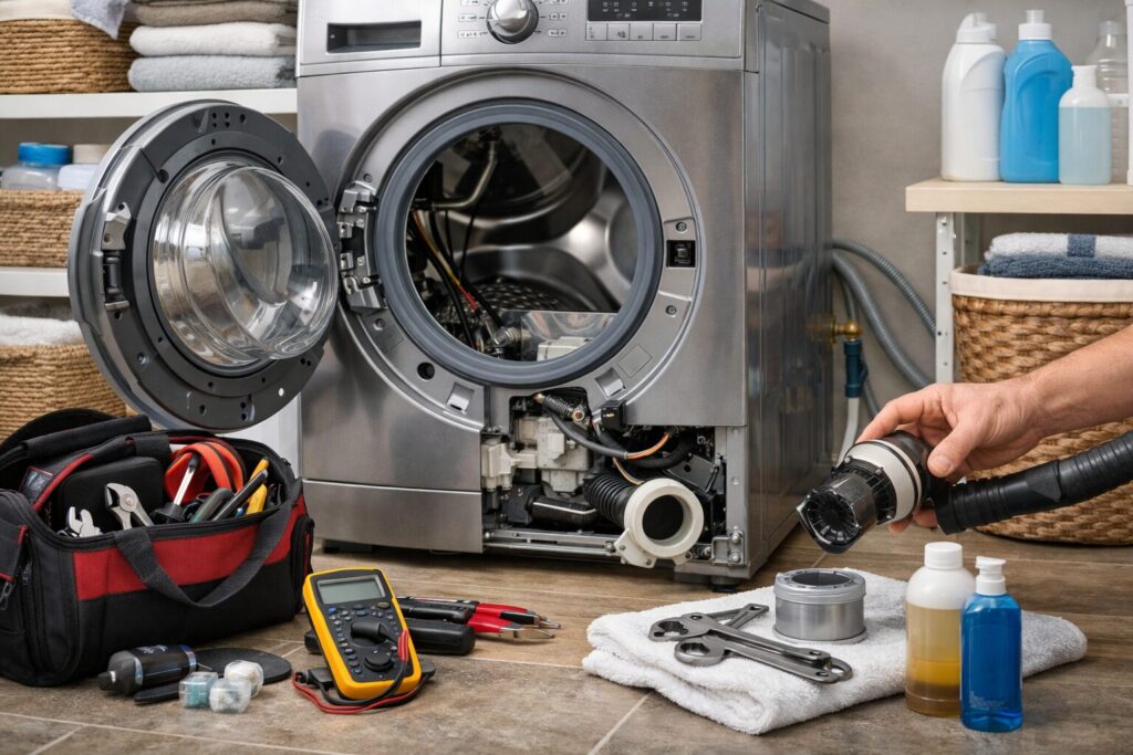 Technician inspecting washing machine in modern laundry room with tools, illustrating appliance maintenance and repair care