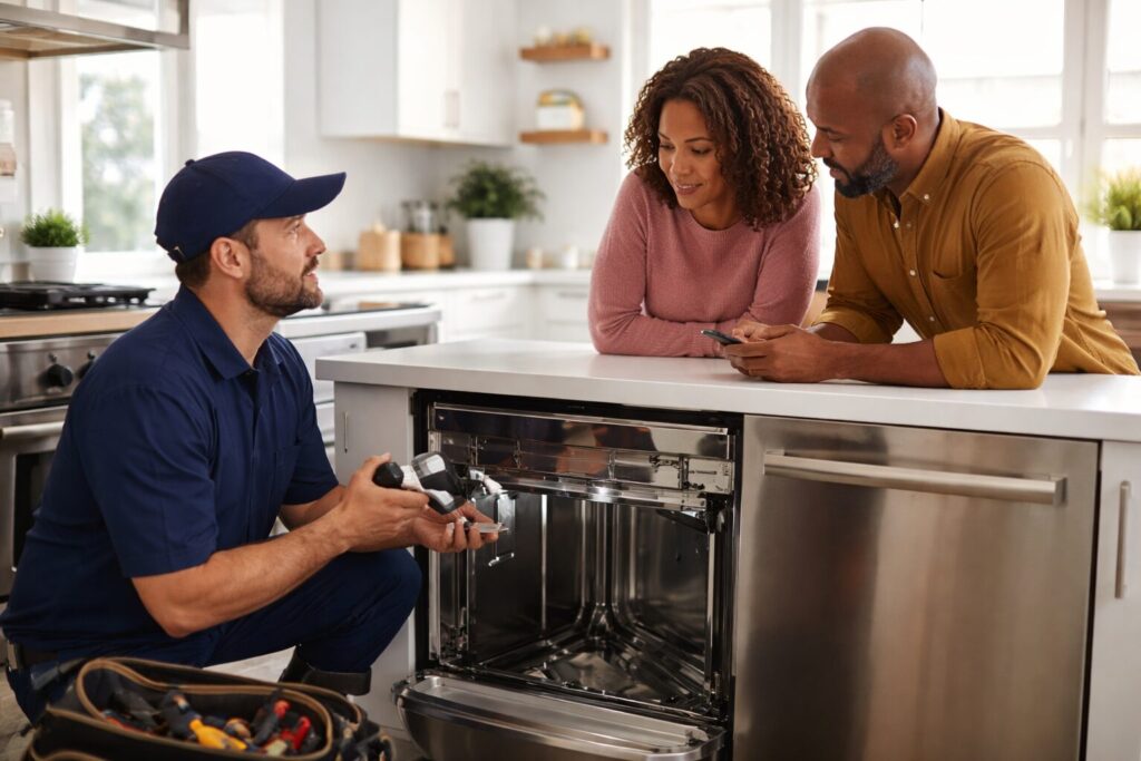 Appliance technician discussing repair approval with homeowner in modern kitchen near a stainless steel refrigerator