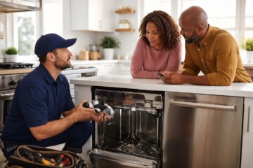 Appliance technician discussing repair approval with homeowner in modern kitchen near a stainless steel refrigerator