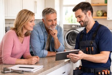 Appliance technician explaining repair costs to a middle-aged couple in a modern kitchen with a washing machine visible