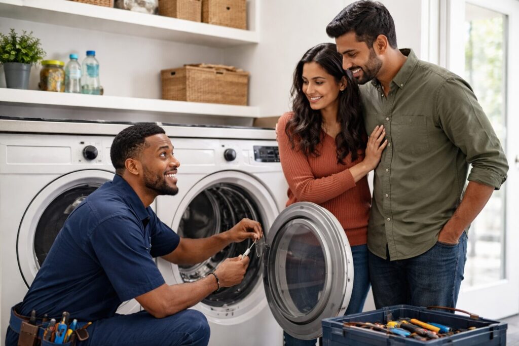 Multicultural family discussing appliance repair options with a technician in a modern kitchen showroom