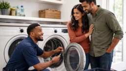 Multicultural family discussing appliance repair options with a technician in a modern kitchen showroom