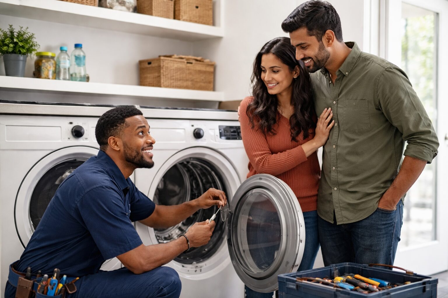 Multicultural family discussing appliance repair options with a technician in a modern kitchen showroom