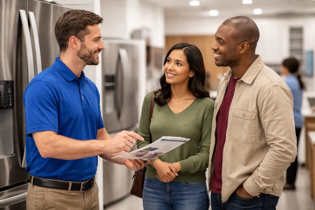 Diverse group of customers and sales associates interacting in a modern appliance showroom with refrigerators and washers