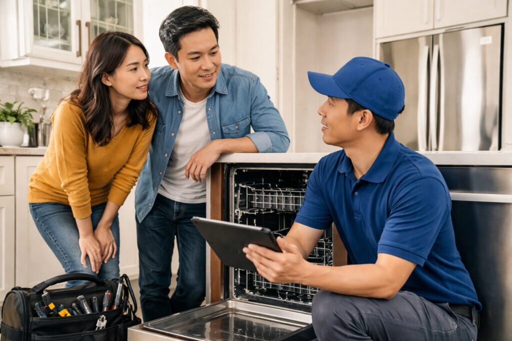 Asian couple discussing appliance repair options with a technician in a modern kitchen with new appliances visible