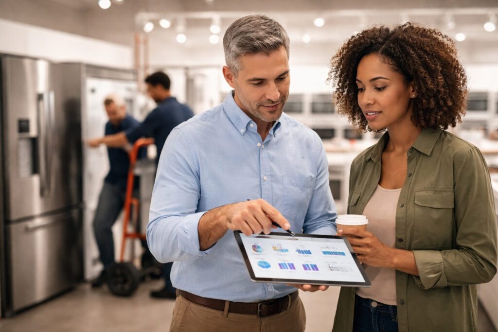 appliance sales associate assisting a middle-aged couple in a modern showroom with warranty information on a tablet
