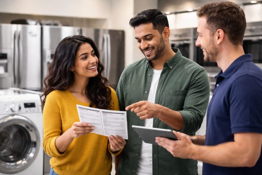 Indian couple discussing warranty options with appliance sales associate in modern showroom surrounded by kitchen appliances