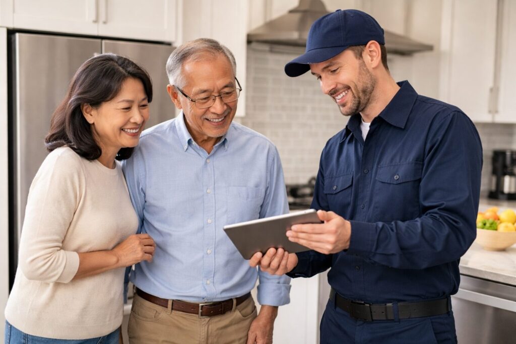 Asian older couple in modern kitchen reviewing appliance manual and warranty registration paperwork together after delivery