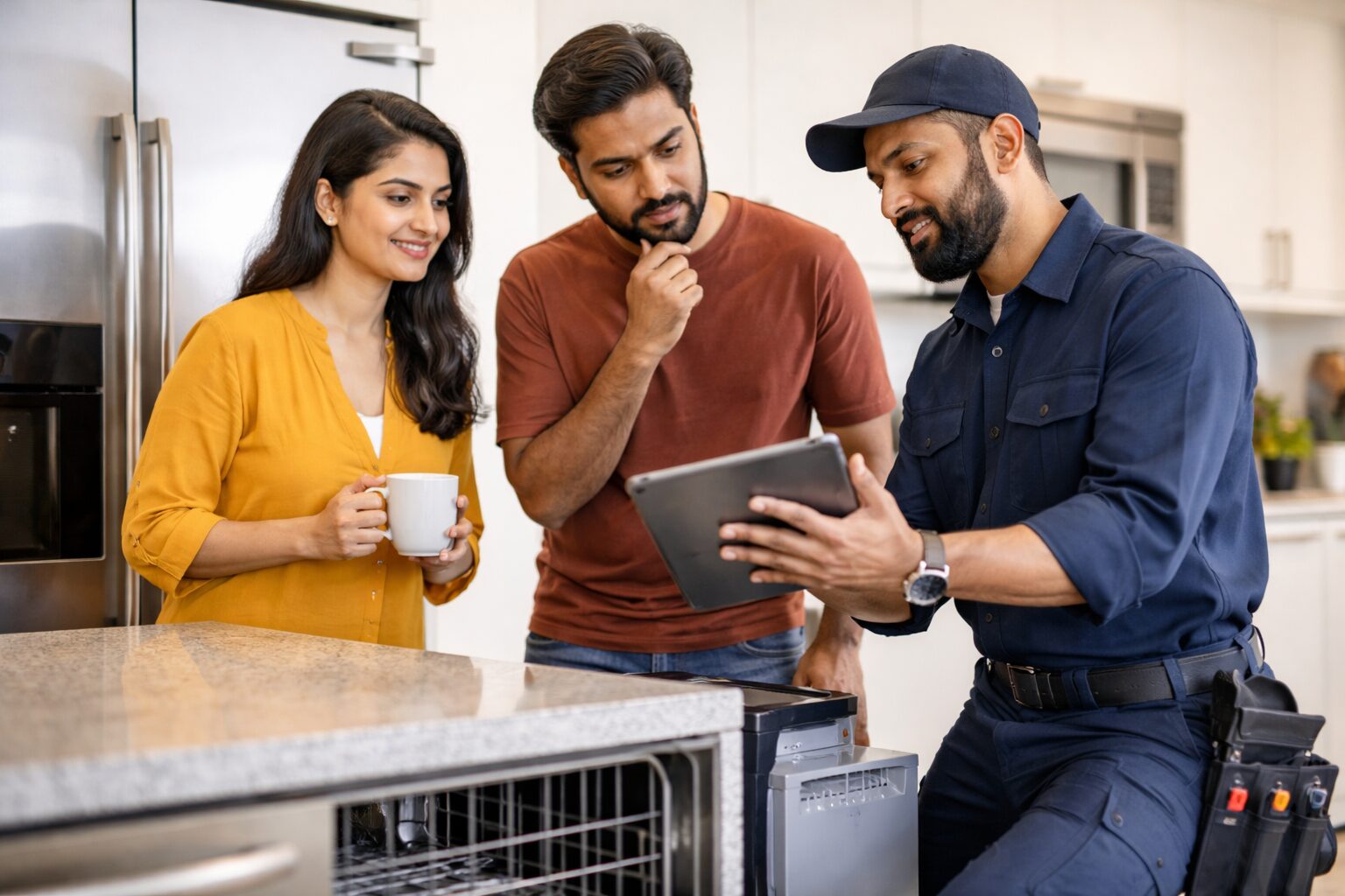 Indian appliance technician explaining warranty options to a middle-aged couple in a modern kitchen during repair service