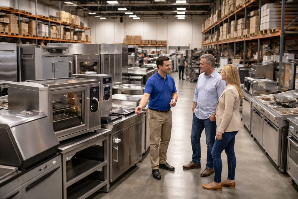Commercial appliance showroom with staff assisting customers and various equipment displayed in organized rows