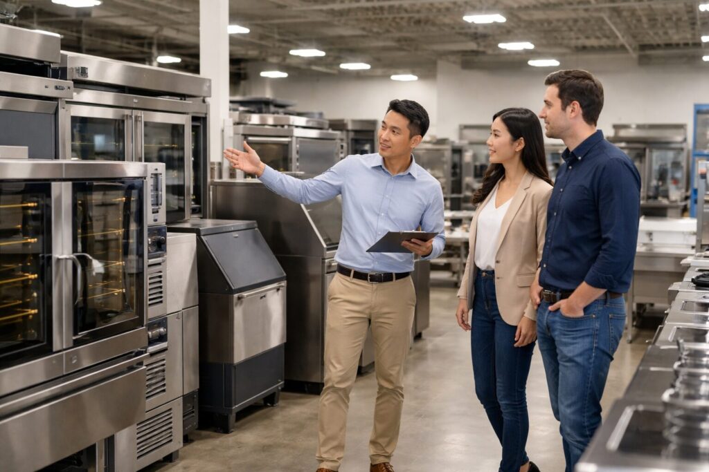 Asian commercial appliance dealer showing business customers modern equipment in organized showroom environment