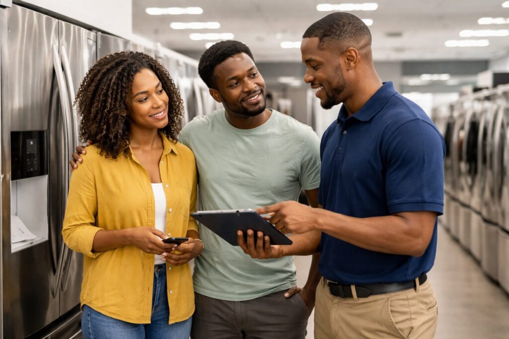 Black appliance sales associate assisting a diverse couple in a modern showroom with kitchen appliances on display